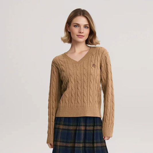 Retro Twisted Embroidered V-Neck Sweater